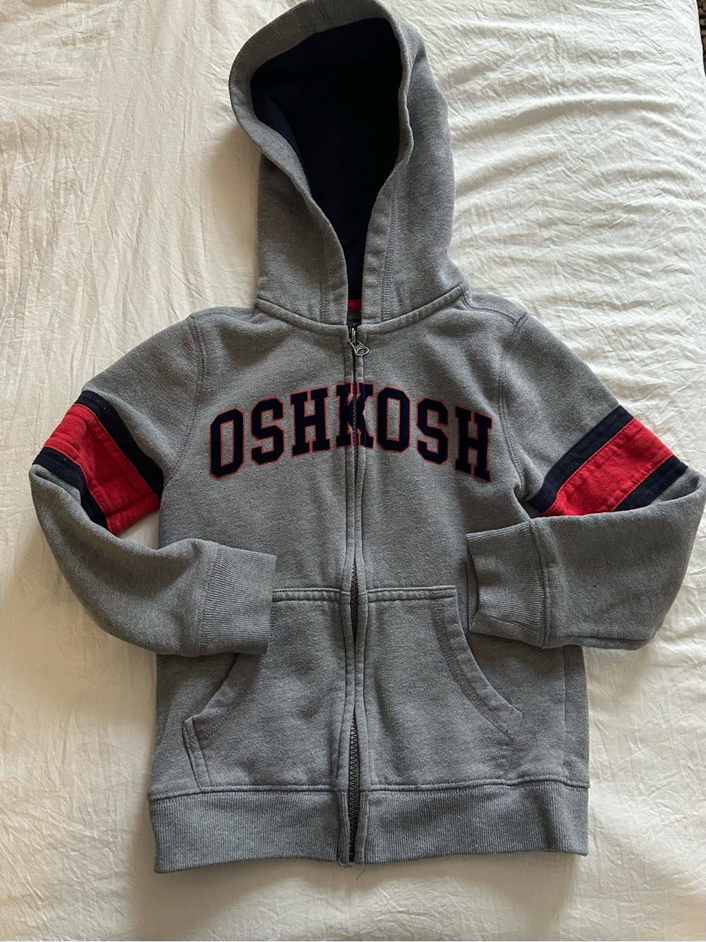 OshKosh B'gosh Grey Zip Hoodie with Red & Navy Stripes - Kids Size 6
